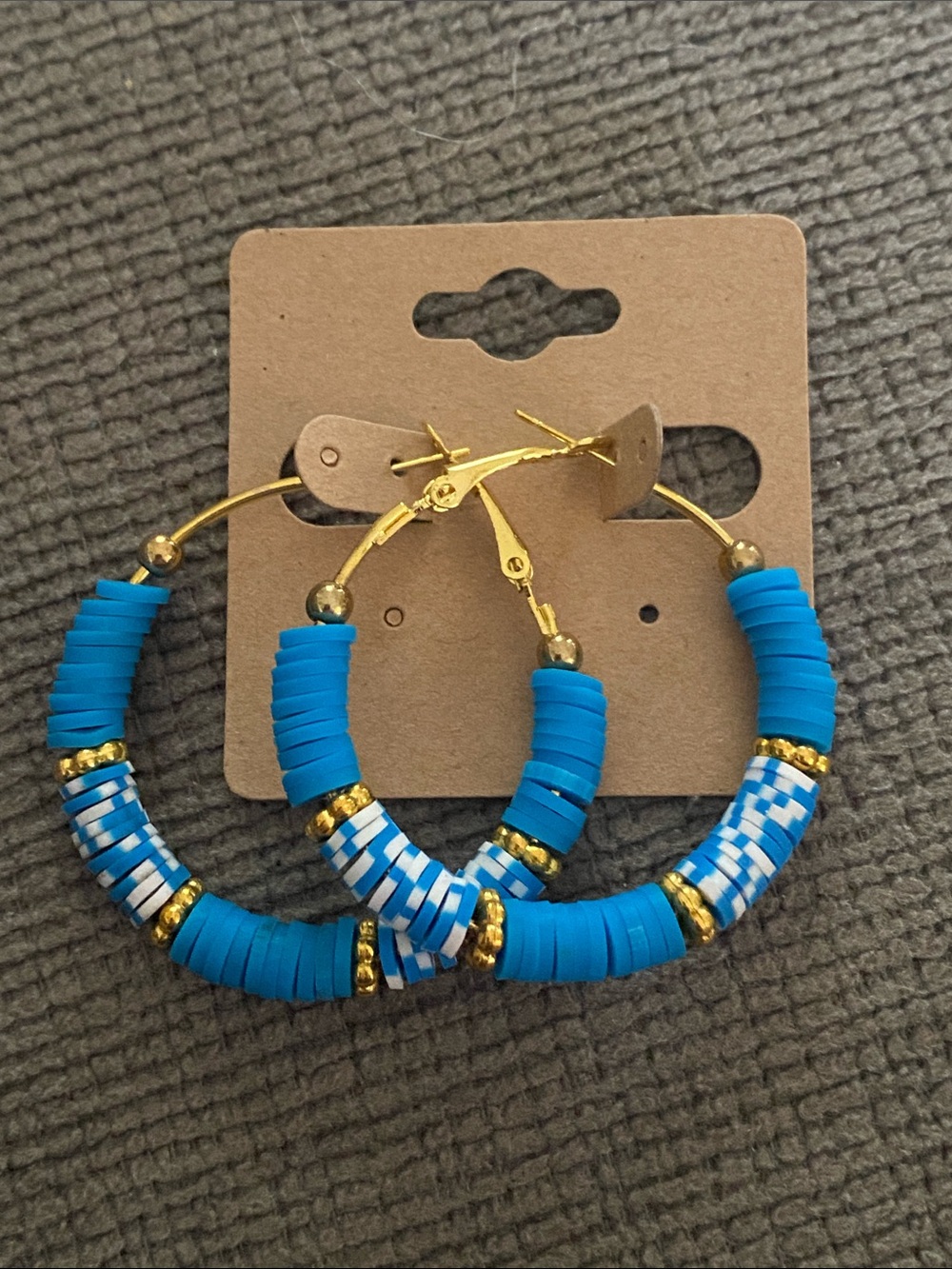 Handmade Gold Hoop Earrings with Blue Heishi Bead Accents